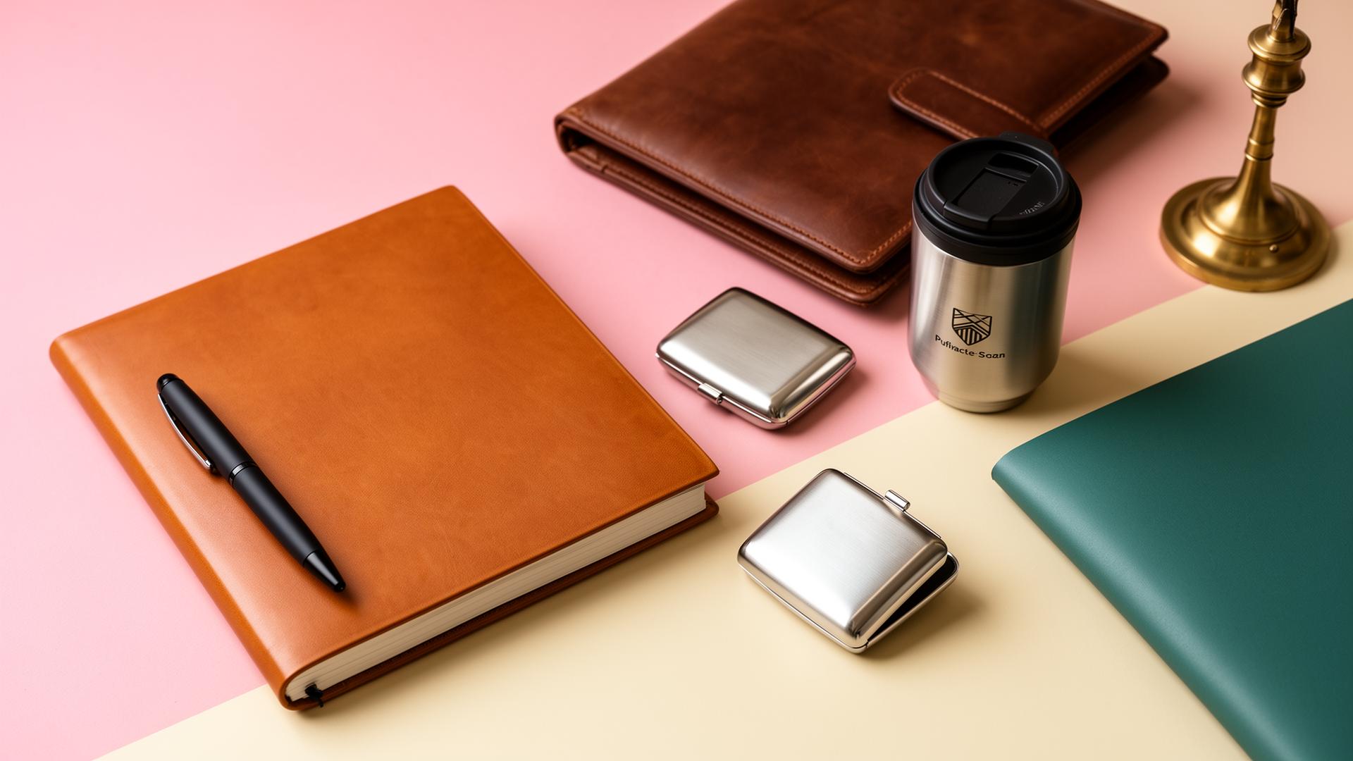 Premium executive corporate gifts including leather portfolio, matte black pen, business card holder and travel mug