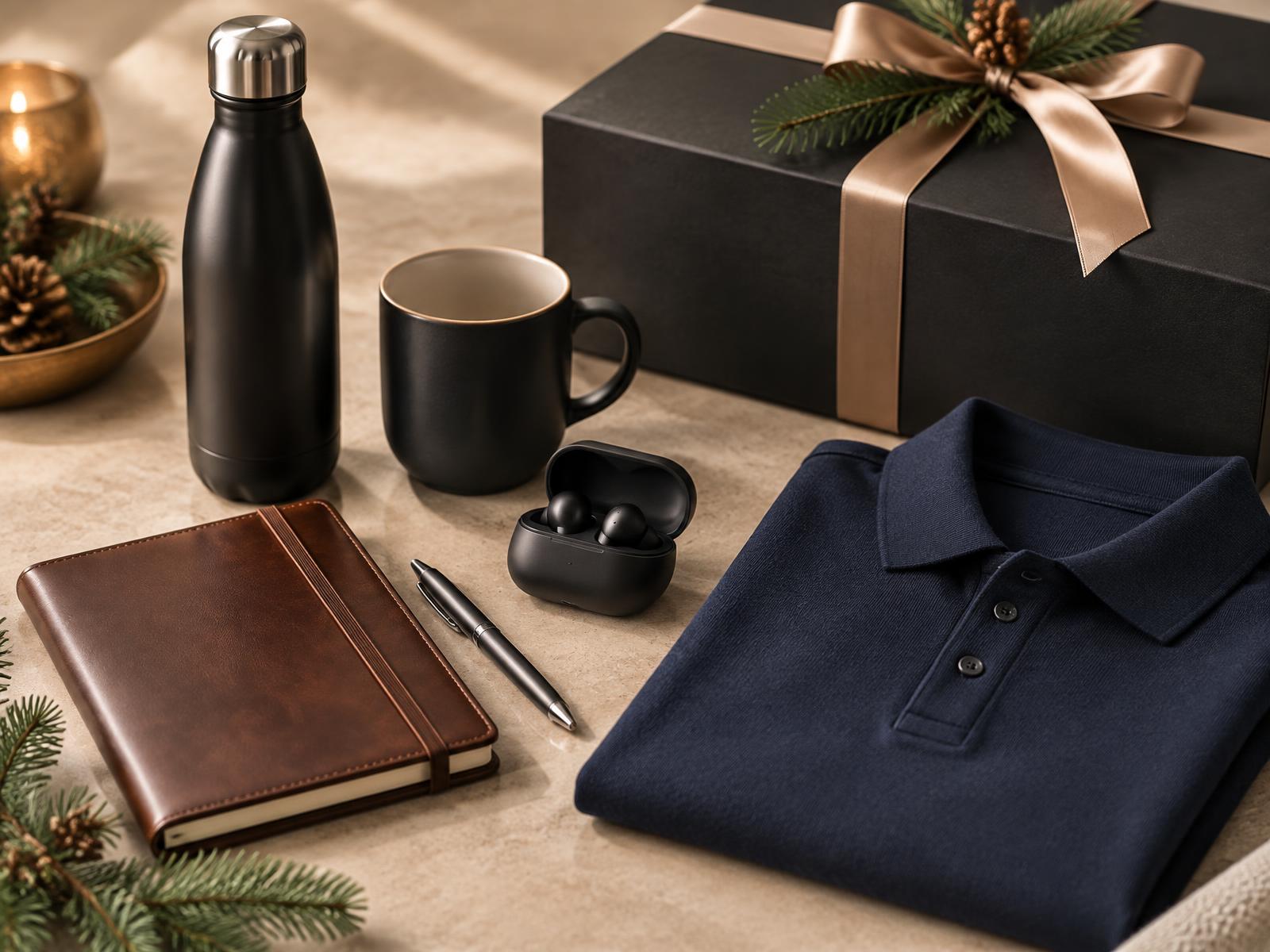 Premium branded corporate gifts including notebook, bottle, mug, pen and polo shirt
