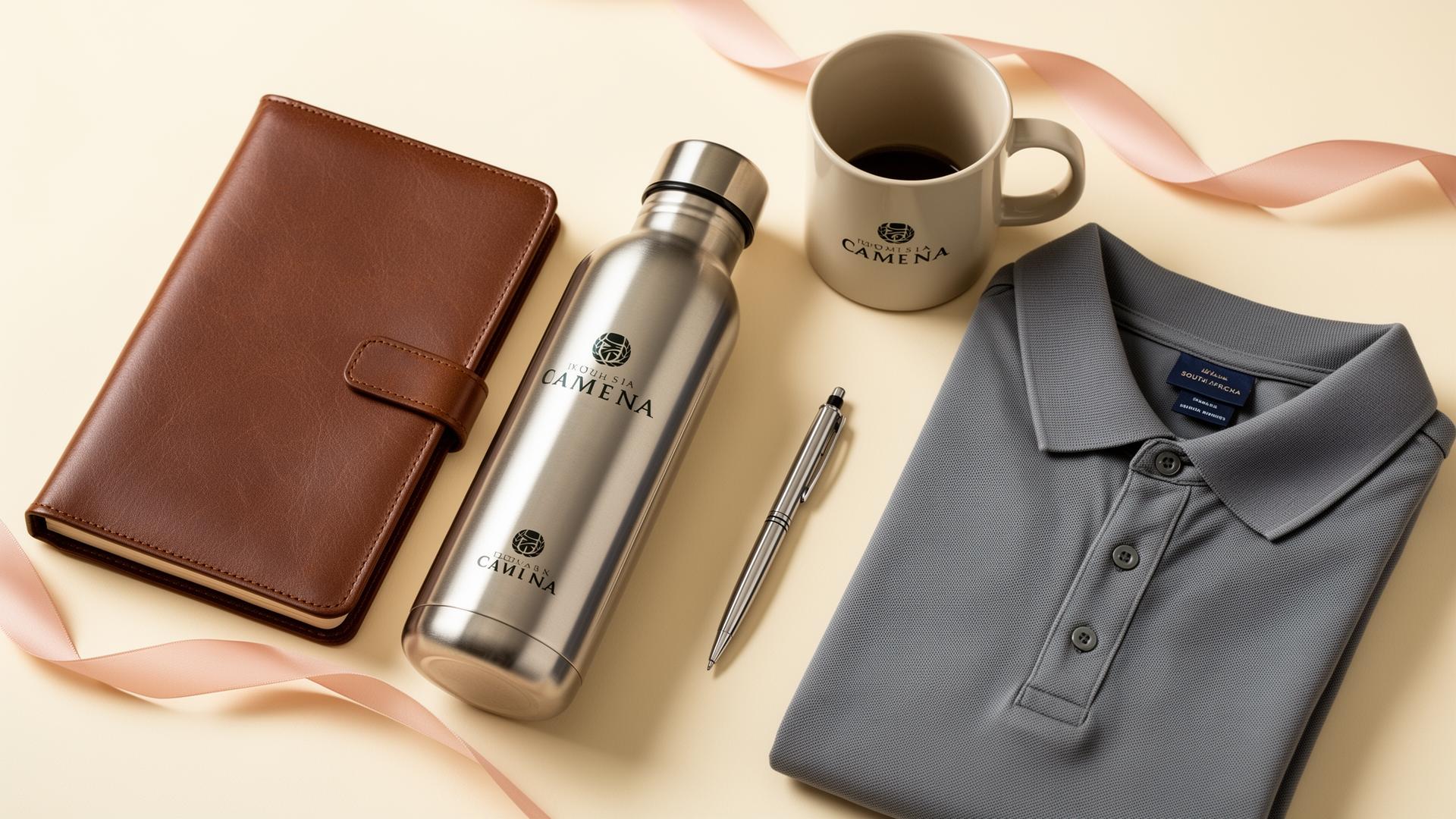 Premium branded corporate gifts including notebook, bottle, mug, pen and polo shirt