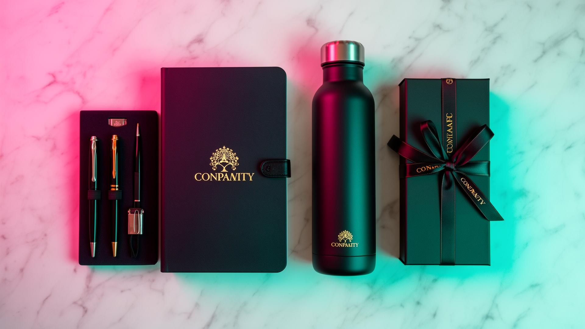 Premium corporate gift flatlay including notebook, pen set, water bottle and gift box