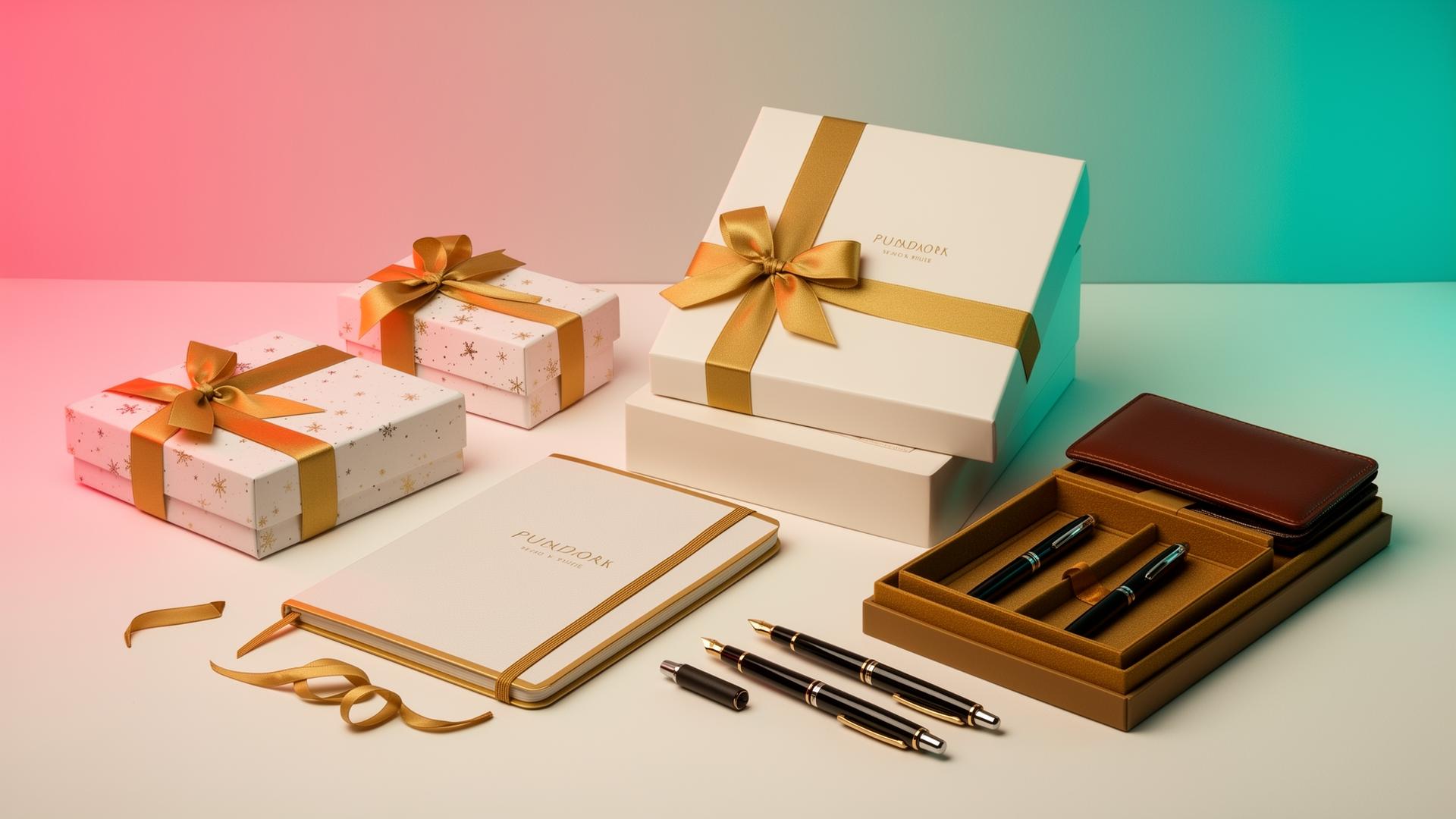 Premium year-end corporate gift collection with wrapped boxes, notebooks and pen sets
